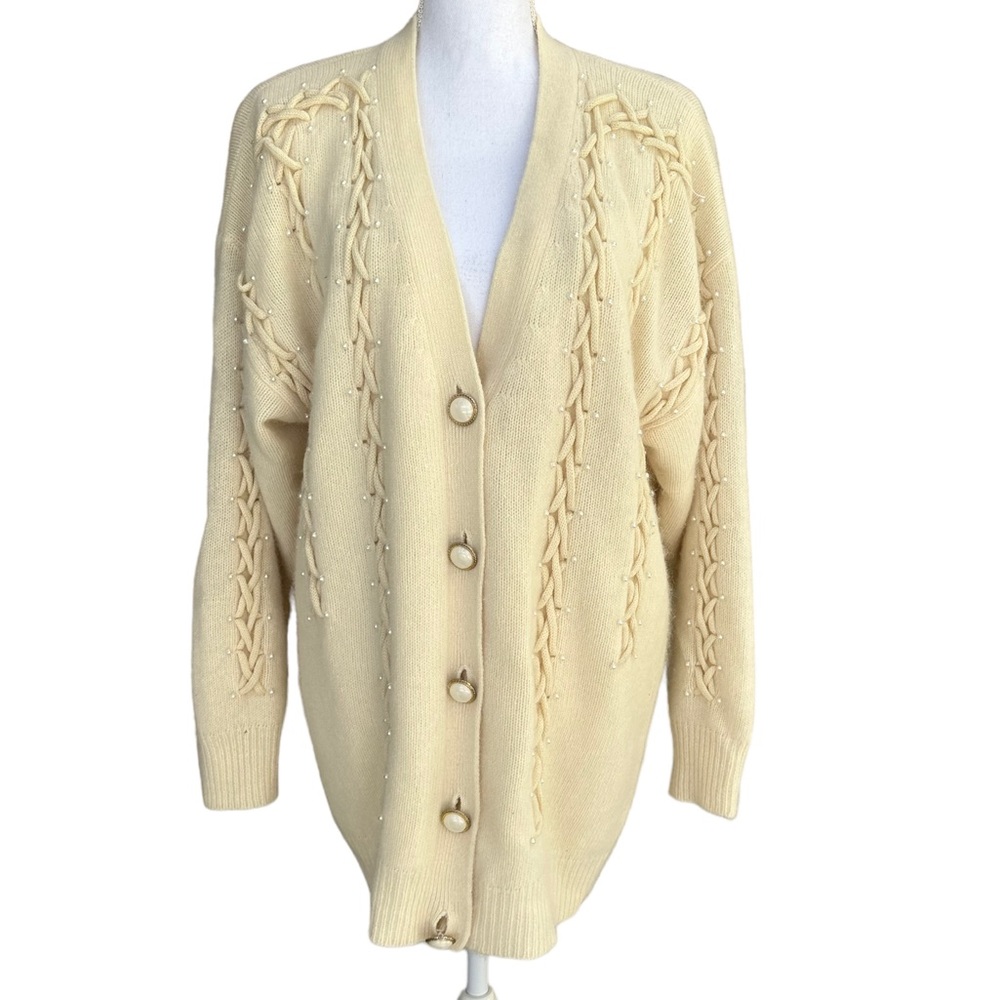 Vintage Buttercream Cardigan with Pearl Details - Size L